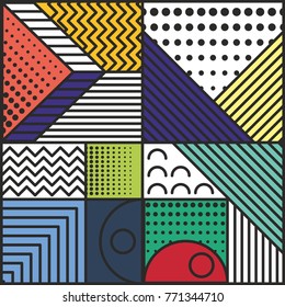 Memphis style cards Design Collection of Colorful templates with geometric shapes, patterns with trendy Memphis fashion 80s-90s. Perfect for ad, invitation, presentation Isolated Vector illustration