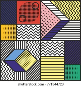 Memphis style cards Design Collection of Colorful templates with geometric shapes, patterns with trendy Memphis fashion 80s-90s. Perfect for ad, invitation, presentation Isolated Vector illustration