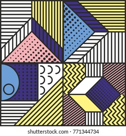 Memphis style cards Design Collection of Colorful templates with geometric shapes, patterns with trendy Memphis fashion 80s-90s. Perfect for ad, invitation, presentation Isolated Vector illustration