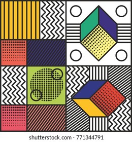Memphis style cards Design Collection of Colorful templates with geometric shapes, patterns with trendy Memphis fashion 80s-90s. Perfect for ad, invitation, presentation Isolated Vector illustration