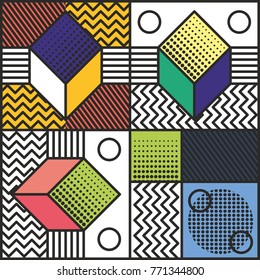 Memphis style cards Design Collection of Colorful templates with geometric shapes, patterns with trendy Memphis fashion 80s-90s. Perfect for ad, invitation, presentation Isolated Vector illustration