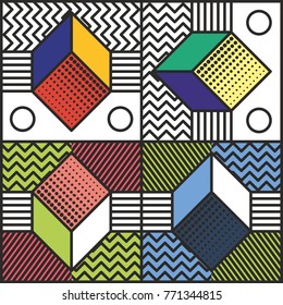 Memphis style cards Design Collection of Colorful templates with geometric shapes, patterns with trendy Memphis fashion 80s-90s. Perfect for ad, invitation, presentation Isolated Vector illustration