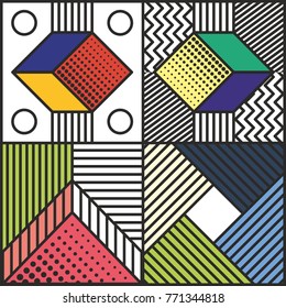 Memphis style cards Design Collection of Colorful templates with geometric shapes, patterns with trendy Memphis fashion 80s-90s. Perfect for ad, invitation, presentation Isolated Vector illustration