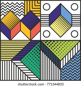 Memphis style cards Design Collection of Colorful templates with geometric shapes, patterns with trendy Memphis fashion 80s-90s. Perfect for ad, invitation, presentation Isolated Vector illustration