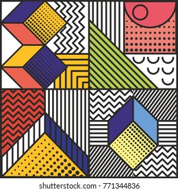 Memphis style cards Design Collection of Colorful templates with geometric shapes, patterns with trendy Memphis fashion 80s-90s. Perfect for ad, invitation, presentation Isolated Vector illustration