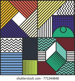 Memphis style cards Design Collection of Colorful templates with geometric shapes, patterns with trendy Memphis fashion 80s-90s. Perfect for ad, invitation, presentation Isolated Vector illustration