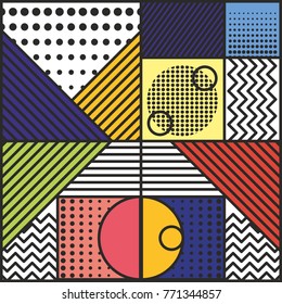 Memphis style cards Design Collection of Colorful templates with geometric shapes, patterns with trendy Memphis fashion 80s-90s. Perfect for ad, invitation, presentation Isolated Vector illustration