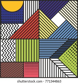 Memphis style cards Design Collection of Colorful templates with geometric shapes, patterns with trendy Memphis fashion 80s-90s. Perfect for ad, invitation, presentation Isolated Vector illustration
