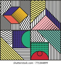 Memphis style cards Design Collection of Colorful templates with geometric shapes, patterns with trendy Memphis fashion 80s-90s. Perfect for ad, invitation, presentation Isolated Vector illustration