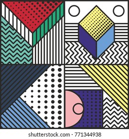 Memphis style cards Design Collection of Colorful templates with geometric shapes, patterns with trendy Memphis fashion 80s-90s. Perfect for ad, invitation, presentation Isolated Vector illustration