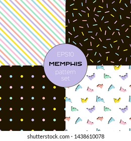 Memphis style cartoon vector seamless pattern set. Diagonal lines, glaze, colorful dots and marker scrawl. Creative hand drawn textures, decorative backdrops pack. Textile, wrapping paper flat design