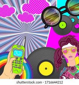 Memphis style collage. Girl with glasses, a hand with a phone, vinyl records, rainbow, clouds, rays and other objects, united by a single concept. Vector illustration