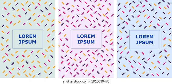 Memphis style colorful elements background set. Colorful geometric covers minimalist design. Abstract texture cover with space for text