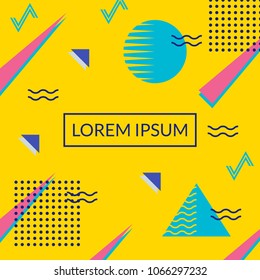 Memphis style cover, banner, card, poster template with geometric patterns and shapes. Abstract Fashion design. Vector illustration.