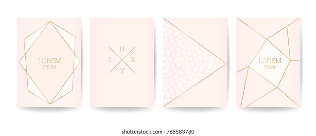 Memphis style cover. Gold Polygon Frame design for fashion luxury and wedding Invitation Cards.