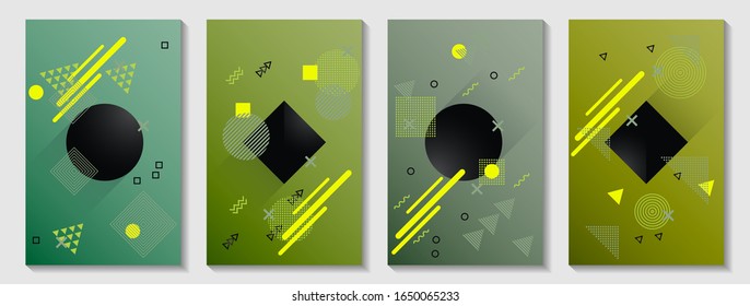 Memphis style cover page layouts kit. Front page templates vector set with geometric shapes uprising motion. Abstract memphis geometry covers graphic design for notepads, brochures.