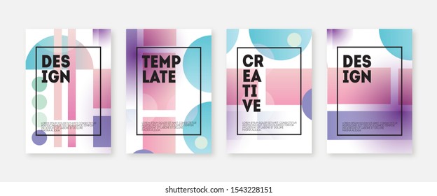 Memphis style cover template. Poster set with geometric shapes. Color lines, circles, squares