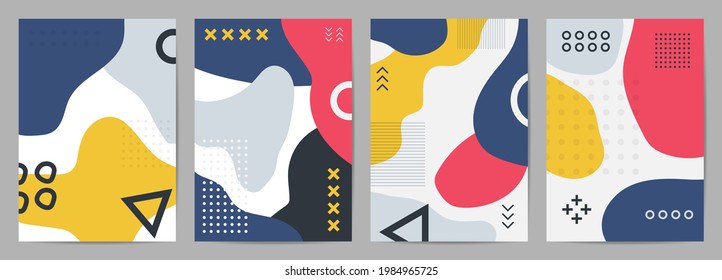 Vector de cubierta de estilo Memphis. Arte de póster moderno. Diseño minimo de fondo geométrico para impresiones enmarcadas en pared, afiche de lienzo, arte como postal o folleto.Ilustración vectorial.