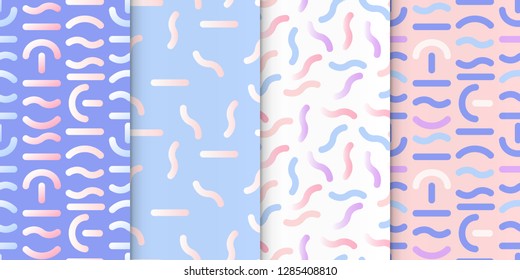 Memphis style covers set with geometric shapes and patterns. Collection of templates in trendy fashion 80-90s. Perfect for cover design, ad, posters, books, greeting cards