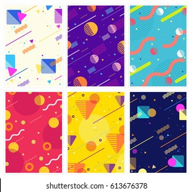 Memphis style covers set with geometric shapes and patterns. Collection of templates in trendy memphis fashion 80-90s. for cover design, ad, posters, books, greeting cards and more. Vector.