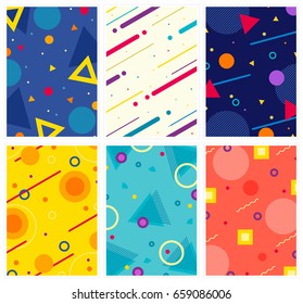 Memphis style covers set with geometric shapes and patterns. Collection of templates in trendy fashion 80-90s. Perfect for cover design, ad, posters, books, greeting cards . Vector.