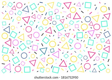 Patrón de diseño de estilo Memphis sin problemas fondo vectorial. Abstracto de colorido y simple cubierta de iconos geométricos con elementos abstractos diseño vectorial para publicidad, papel de pared, volante o diseño