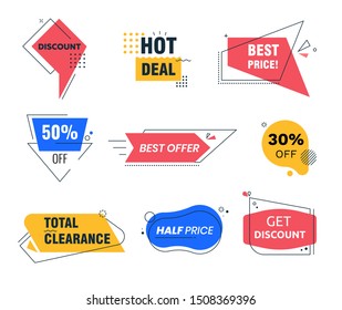 Memphis Style Discount Tags Colorful Geometric Shapes and Line Patterns. Social Media Trendy Template for Total Clearance Sale. Design Ad Poster, Promo Flyer Cards. Flat Vector Illustration