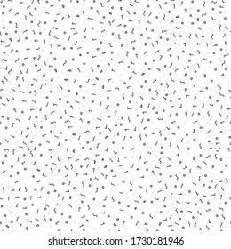 Memphis style doodle vector pattern with different hand drawn shapes. Seamless background with black geometric lines, circles, triangles on white. Monochrome Memphis hipster style illustration.