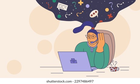 memphis style drawing, abstract girl in headphones communicating on a laptop support service, vector contour color illustration