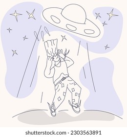 Memphis style drawing of an abstract man being abducted by a ufo, vector contour illustration