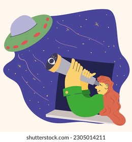 memphis style drawing, abstract woman watching a UFO through a telescope from a window, vector color flat illustration