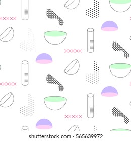 Memphis style eighties seamless vector pattern. Abstract shapes, color blocks and elements in 80s fashion style. Geometry lines on white.