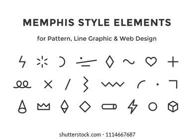 Memphis style elements. Set of memphis design elements, line graphic design, template for pattern, line graphic, web design. Colorful collection geometric graphic. Vector Illustration