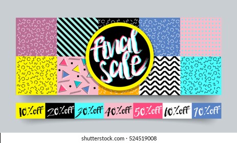 Memphis style Final Sale website banner template set 80's 90's style. Bright colorful vector for social media, posters, email, print, ads, promotional material. Yellow Pink Blue black and white.