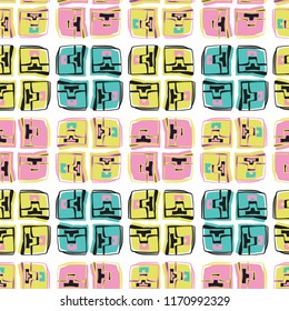 Memphis Style Geo Scribble Abstract Seamless Vector Pattern, Drawn Pop Art Grid Illustration for On Trend Fashion Prints, Retro Stationery, Graphic Decor, Gift Wrap, Blog Backdrop, Wallpaper, Textiles
