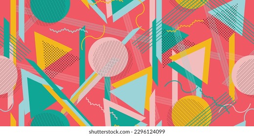 Memphis style geometric 80s fashion seamless pattern. Vector illustration. Perfect for invitations, apparel, flyer, poster, banner and clothing.