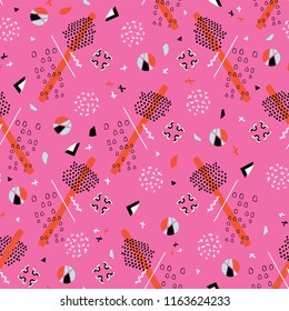 Memphis Style Geometric Abstract Seamless Vector Pattern, Bright Drawn Stylized Graphic Illustration for On Trend Fashion Print, Pop Art Stationery, Graphic Decor, Gift Wrap, Blog Backdrops, Wallpaper