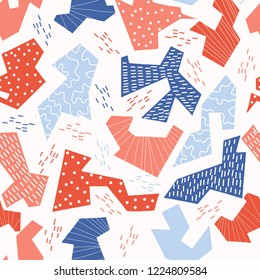 Memphis Style Geometric Abstract Seamless Vector Pattern, Hand Drawn Papercut Shapes Illustration for Trendy Fashion Prints, Kids Packaging, Graphic Decor, Gift Wrap, Funky Backgrounds, Wallpaper