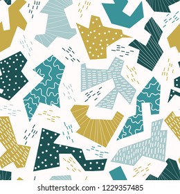 Memphis Style Geometric Abstract Seamless Vector Pattern, Hand Drawn Papercut Shapes Illustration for Trendy Fashion Prints, Kids Packaging, Graphic Decor, Gift Wrap, Green  Backgrounds, Wallpaper