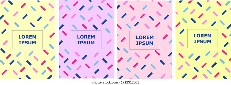 Memphis style geometric background pattern. Colorful abstract icons background set. Vintage minimalist wallpaper, trendy 90's fashion vector design 