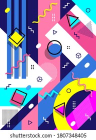 Memphis style geometric background playful design, abstract geometric background design template graphics, colorful geometric shape pattern