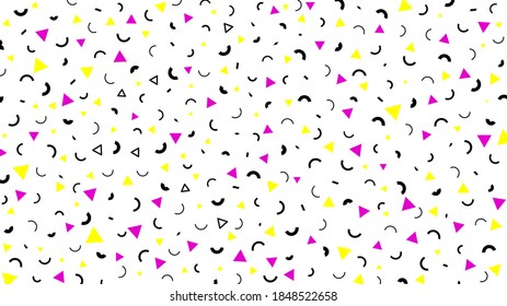 Patrón vectorial geométrico colorido de estilo Memphis, fondo transparente minimalista violeta, amarillo, negro y blanco. Patrón de figuras abstractas geométricas, diseño vectorial o plantilla de cubierta