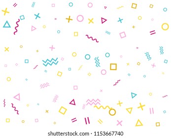 Memphis style geometric confetti vector background with triangle, circle, square shapes, zigzag and wavy line ribbons. Digital 90s style bauhaus magenta blue yellow confetti falling scatter on white.