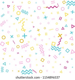 Memphis style geometric confetti vector background with triangle, circle, square shapes, zigzag and wavy line ribbons. Retro 90s style bauhaus magenta blue yellow party confetti flying on white.