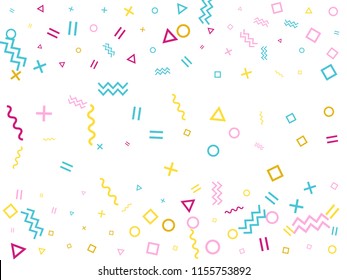 Memphis style geometric confetti vector background with triangle, circle, square shapes, chevron and wavy line ribbons. Cool 90s style bauhaus pink cyan yellow party confetti falling on white.