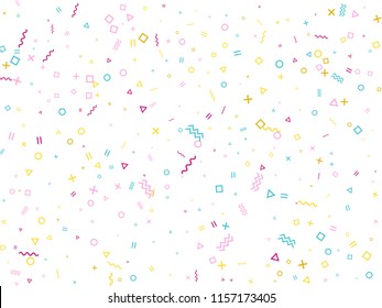 Memphis style geometric confetti vector background with triangle, circle, square shapes, chevron and wavy line ribbons. Minimal 90s style bauhaus pink blue gold confetti falling scatter on white.