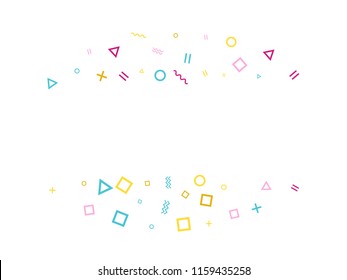 Memphis style geometric confetti vector background with triangle, circle, square shapes, chevron and wavy line ribbons. Mix 90s style bauhaus pink cyan gold confetti falling scatter on white.
