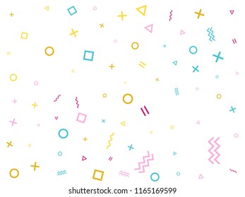 Memphis style geometric confetti vector background with triangle, circle, square shapes, zigzag and wavy line ribbons. Hipster 80s style bauhaus pink cyan gold party confetti flying on white.