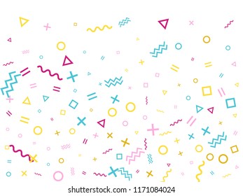 Memphis style geometric confetti vector background with triangle, circle, square shapes, zigzag and wavy line ribbons. Minimal 90s style bauhaus pink cyan gold confetti flying scatter on white.