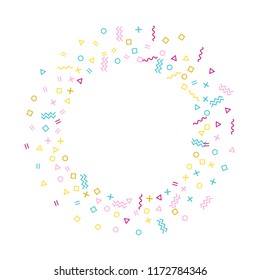 Memphis style geometric confetti vector background with triangle, circle, square shapes, chevron and wavy line ribbons. Digital 80s style memphis pink blue yellow party confetti falling on white.